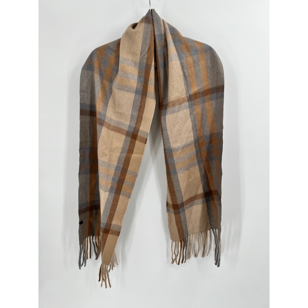 House‎ of Tweed Scotland Plaid Scarf Tan Brown Grey Fringed Viscose Blend